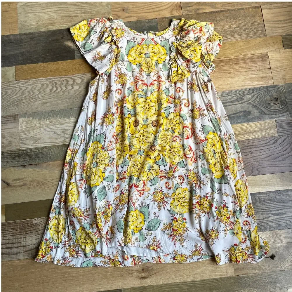 Free People XS Floral Ruffle Sleeve Short Dress 100% Viscose Yellow Pink